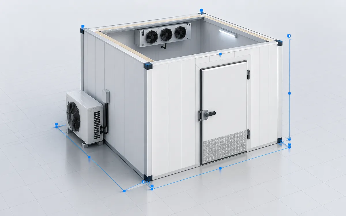Aperçu du configurateur 3D GLACUBE : chambre froide avec porte, évaporateur et groupe frigorifique