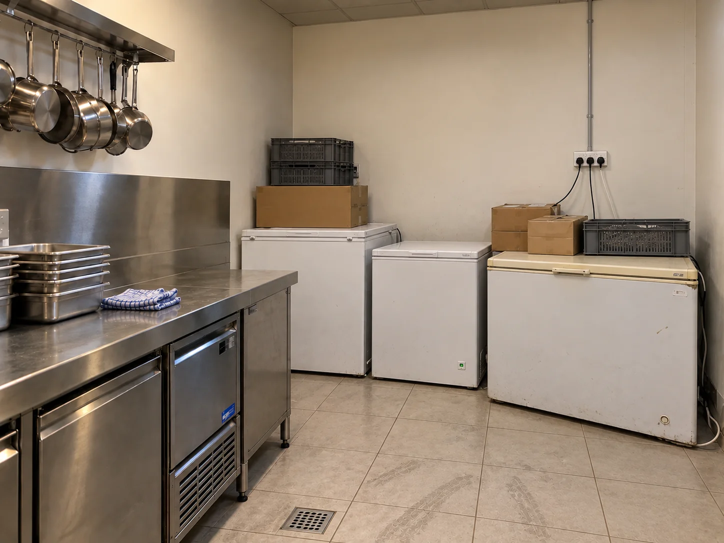 Zone de stockage de la cuisine avant l'installation de la chambre froide négative