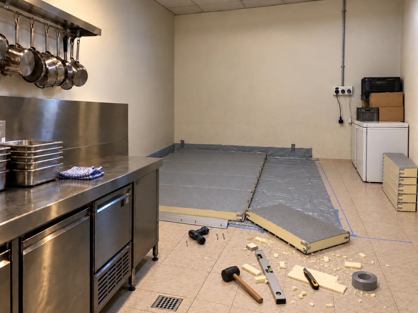 Pose des panneaux de sol isolés d'une chambre froide négative dans un restaurant