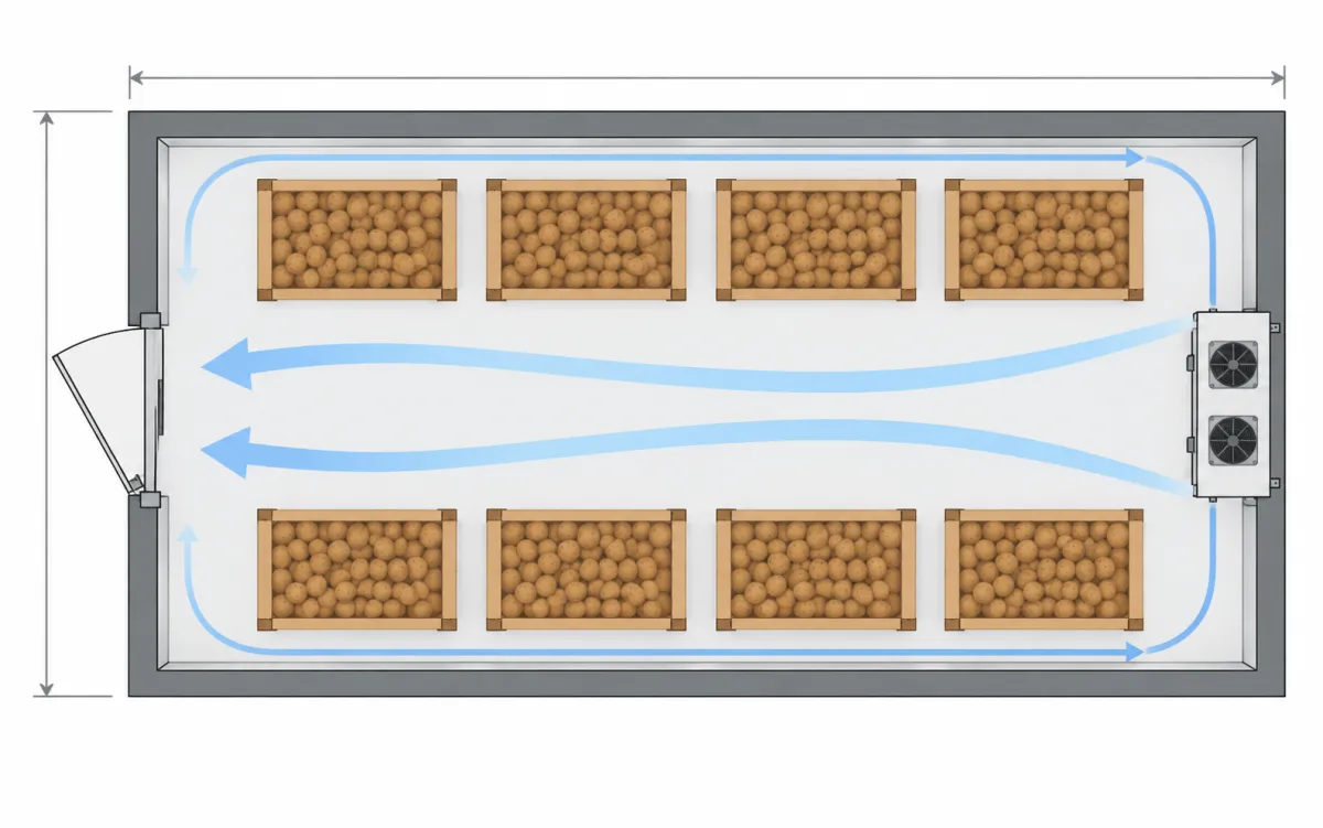 Plan de chambre froide de 40 m² : circulation de l'air entre les caisses de pommes de terre