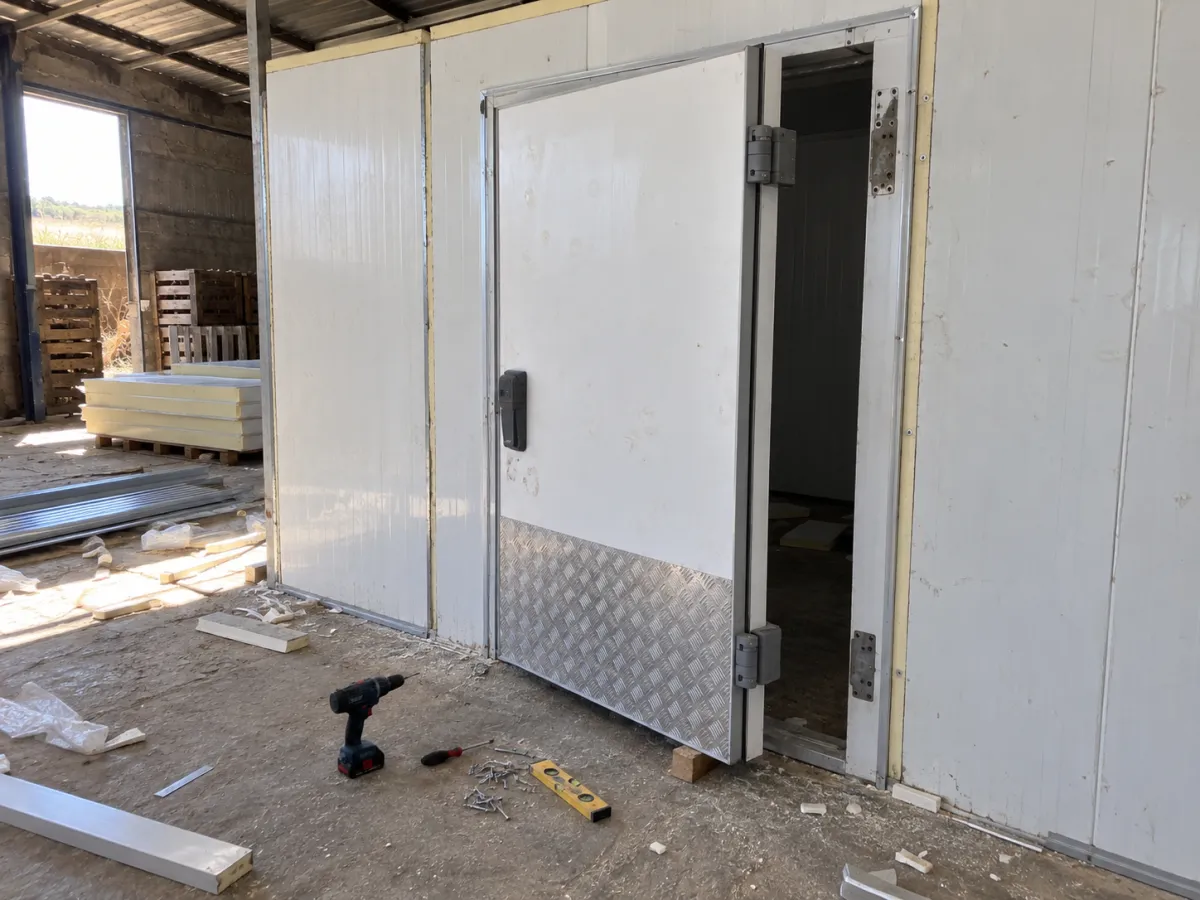 Porte frigorifique battante avec protection aluminium installée sur chambre froide