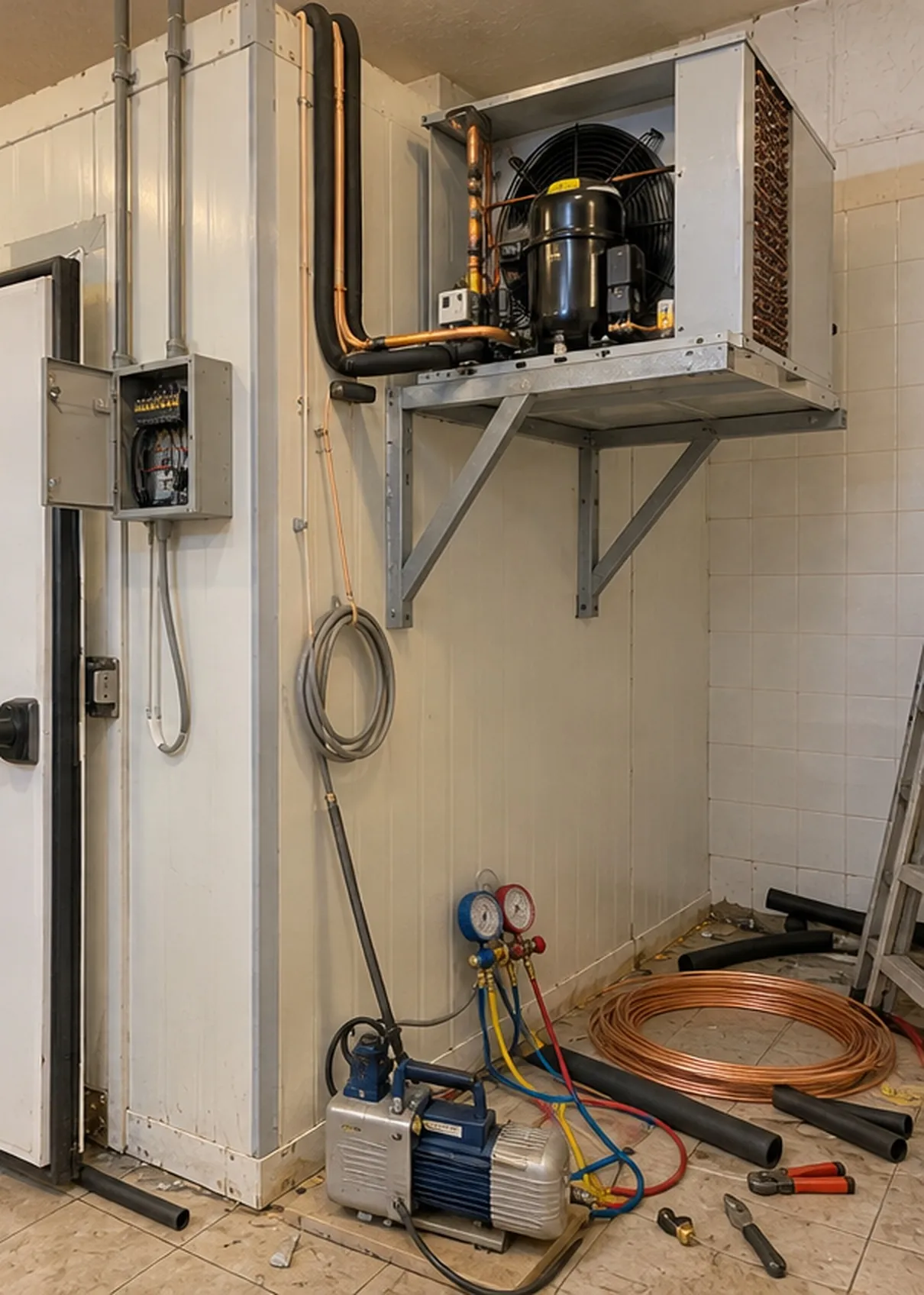 Installation du groupe frigorifique et du coffret électrique sur une chambre froide de supermarché
