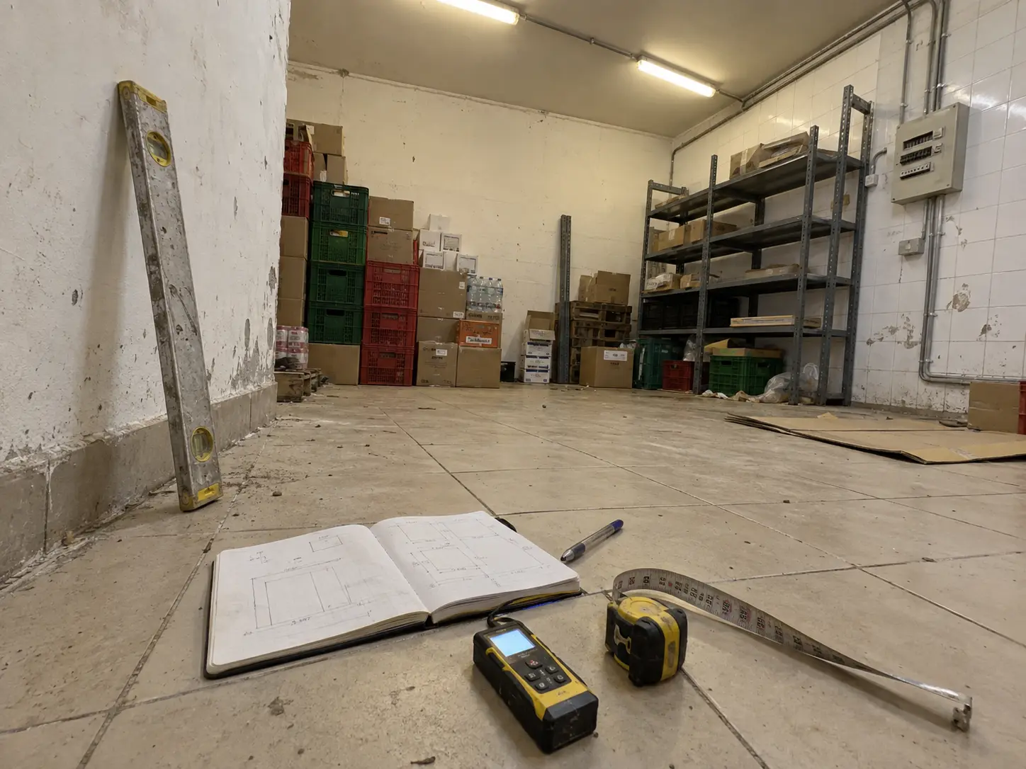 Relevé des dimensions de la réserve au télémètre laser avant installation d'une chambre froide