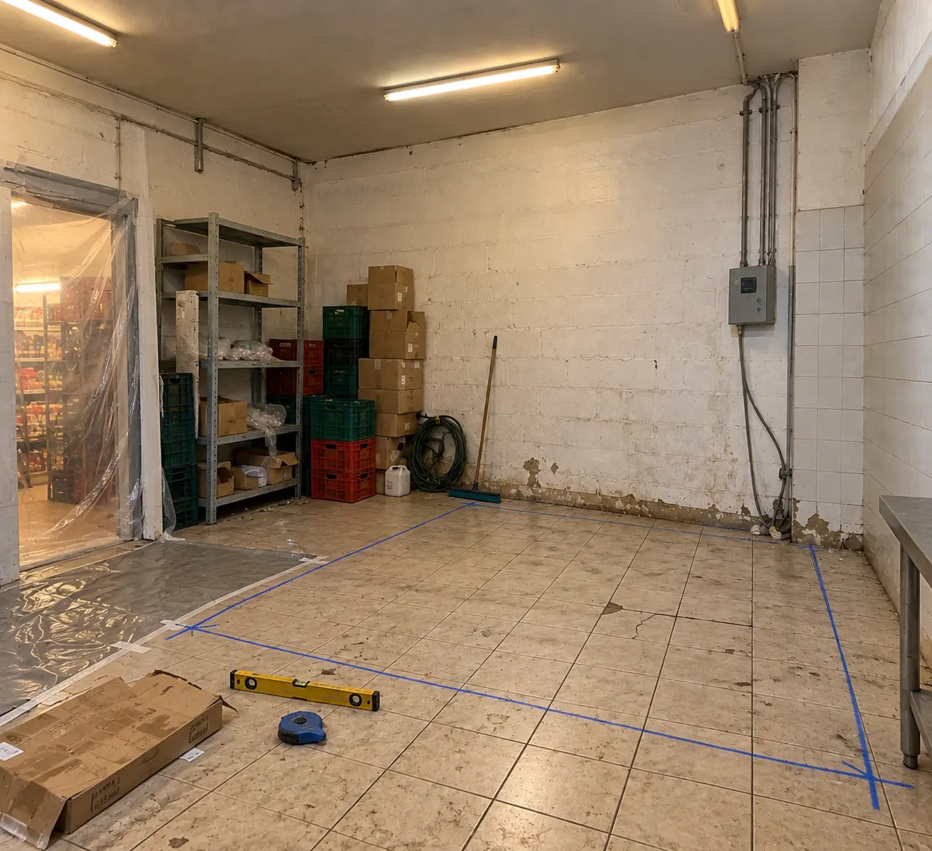 Traçage de l'implantation au sol de la chambre froide dans la réserve du supermarché